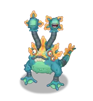 a cartoon frog with three heads and three arms