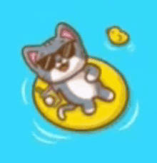 a cartoon cat wearing sunglasses is floating on a yellow float in the water .