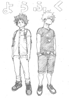 a black and white drawing of a boy with a backpack and a boy with a skull t-shirt