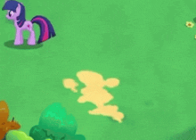 twilight sparkle from my little pony is standing on a green field with a shadow on the ground .