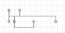 a black and white drawing of a circuit on a grid with a red square in the middle .