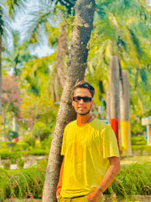 a young man wearing sunglasses and a yellow shirt stands next to a tree