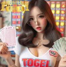 a woman wearing a shirt that says ' togel ' on it holds money and lottery tickets