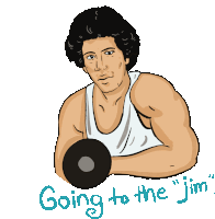 a drawing of a man lifting a dumbbell with the words going to the jim written below him