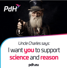 an advertisement for pdh shows a bearded man in a top hat pointing