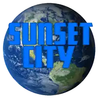 a picture of the earth with the words " sunset city " on it