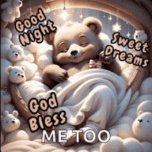 a teddy bear is sleeping in a bed surrounded by teddy bears and says good night and sweet dreams .