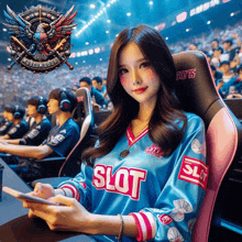 a girl wearing a blue and pink slot jersey sits in a chair