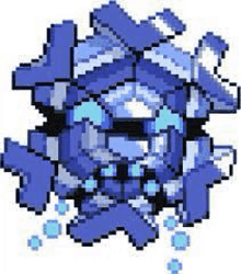 a pixel art illustration of a blue and white object with a bow on it .