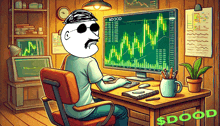 a cartoon of a man sitting at a desk looking at a computer screen that says $ dood