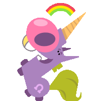 an illustration of a purple unicorn with a pink nose and a rainbow behind it