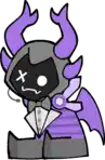 a cartoon drawing of a demon with purple horns and wings wearing a tuxedo and bow tie .