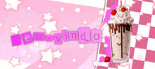 a pink background with the words bem-vindo and a milkshake with whipped cream and strawberries on it