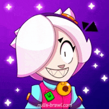 a cartoon character from brawl stars is smiling with a purple background and stars in the background .