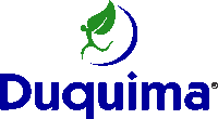 a blue and green logo for duquima with a green leaf on it