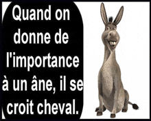 a donkey is sitting in front of a sign that says quand on donne de l' importance a un ane