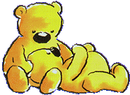 a yellow teddy bear is laying down with another bear