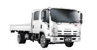 a white isuzu elf truck with a flatbed