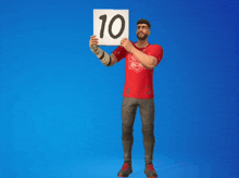 a man in a red shirt holds up a sign that says 10