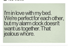 a quote that says " i 'm in love with my bed we 're perfect for each other "