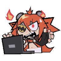 a cartoon drawing of a girl with red hair sitting in front of a laptop computer