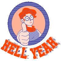 a cartoon of a woman giving a thumbs up with the words hell yeah behind her