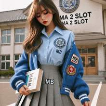 a girl standing in front of a building that says ma 2 slot on it