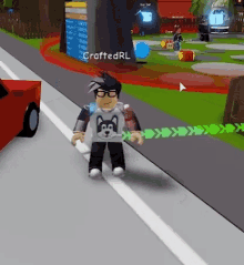 a roblox character is walking down the street with a green leash attached to his arm .