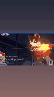 a screenshot of a mobile legends game with a husky holding a stick in its mouth