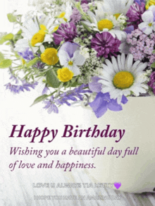 a birthday card with a bouquet of purple and yellow flowers