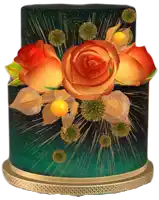 a cake with orange roses and yellow flowers on a green background