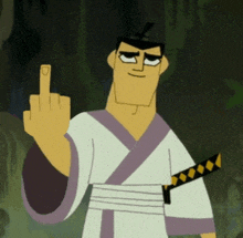 a cartoon character is holding a sword and giving a middle finger