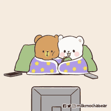 a cartoon of two teddy bears sitting next to each other in front of a television