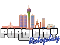 a logo for port city roleplay with a city skyline in the background