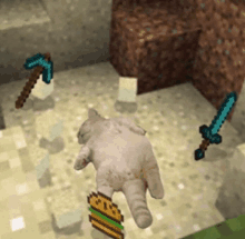 a cat is laying on the ground in a minecraft world with a hamburger and a sword .