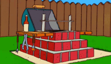 a cartoon drawing of a brick grill with a bottle of sauce on a table