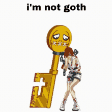 a cartoon of a girl holding a key with a face on it and the words " i 'm not goth "