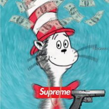 a cat in the hat with a gun and a supreme necklace