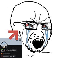 a drawing of a man with glasses and tears coming out of his eyes next to a screenshot of his profile