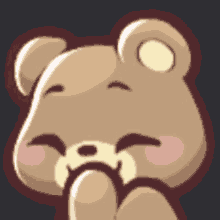 a cartoon teddy bear is covering its mouth with its hands .