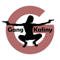 a silhouette of a woman squatting down holding two guns with the words gang kaliny below her