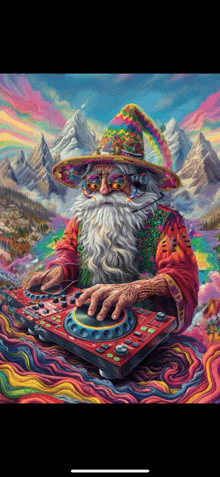 a colorful painting of a wizard wearing a sombrero and headphones playing music on a dj controller .