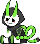 a cartoon drawing of a cat with green horns and a scarf .