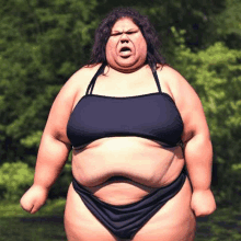 a very fat woman in a black bikini is standing in the water .