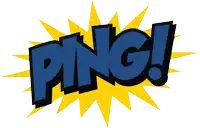 the word ping is written in blue on a yellow background