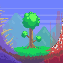 a pixel art illustration of a tree in a landscape with mountains in the background