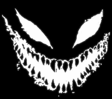 a black and white drawing of a monster 's mouth with teeth and eyes .