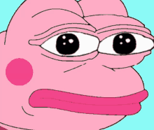 a pink frog with black eyes and a pink circle on its face