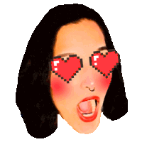 a woman wearing pixelated heart shaped glasses has her mouth open