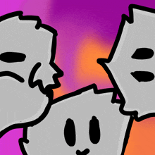 a cartoon drawing of a ghost with a purple and orange background